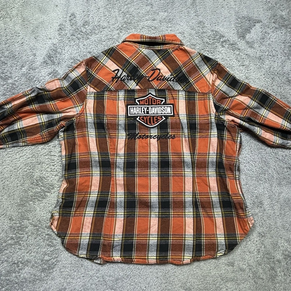 Harley-Davidson Shirt Womens 2XL Black Orange Button Up Flannel Plaid Biker EUC